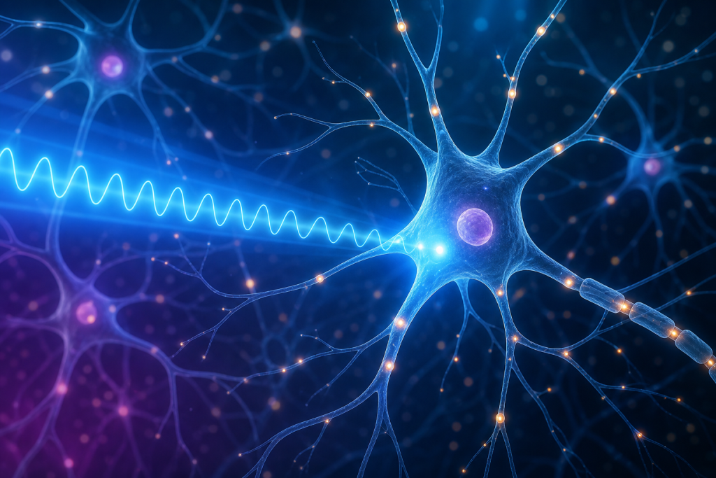 Neuroni astratti attraversati dalla luce per un articolo sull optogenetica