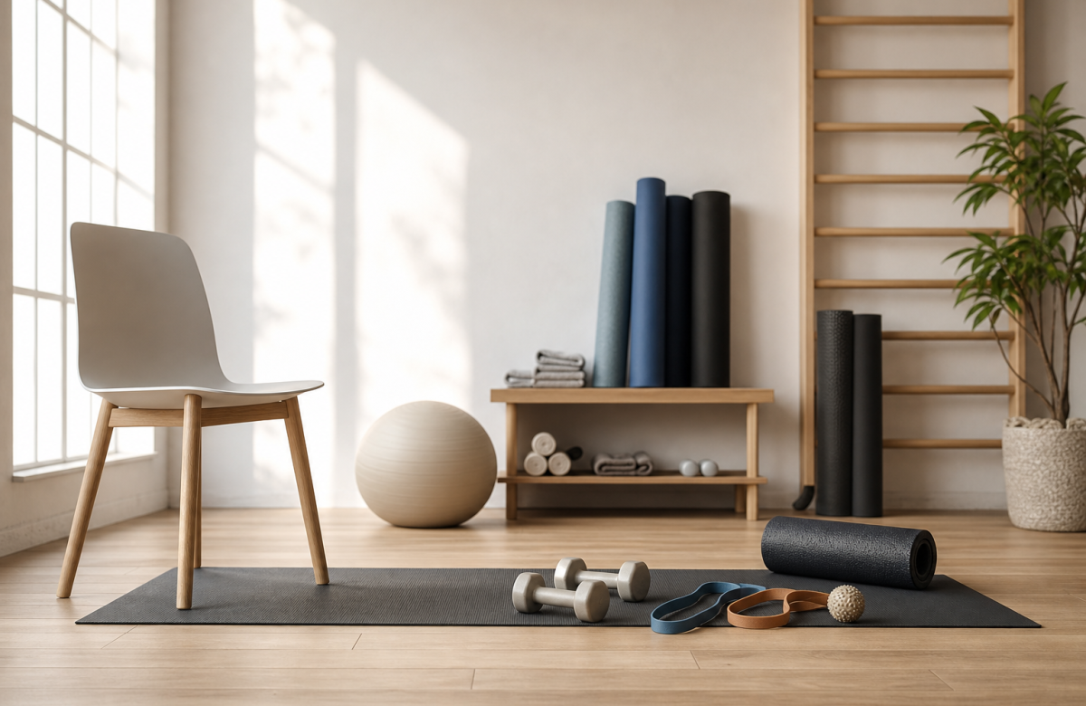 Palestra generica con tappetini ed elastici per movimento controllato