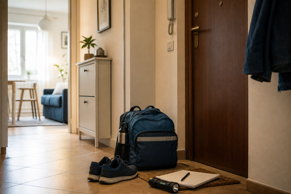Borsa pronta e torcia vicino alla porta di casa