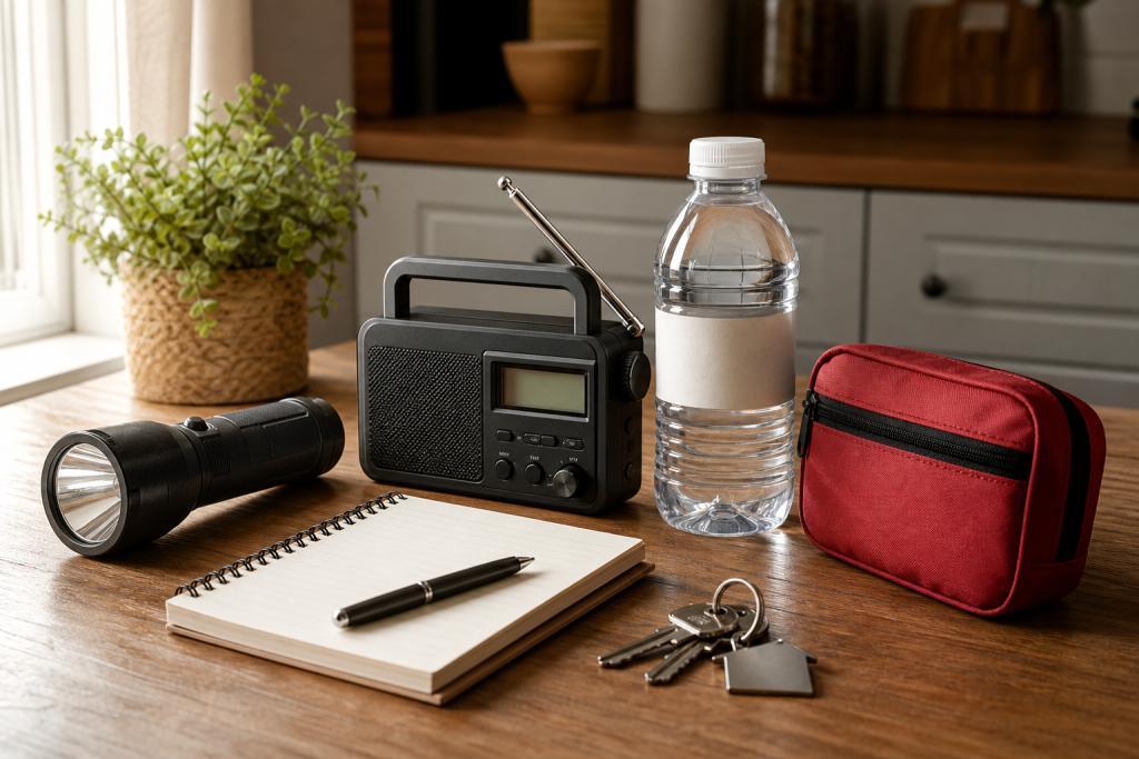 Kit domestico generico con torcia radio acqua e appunti