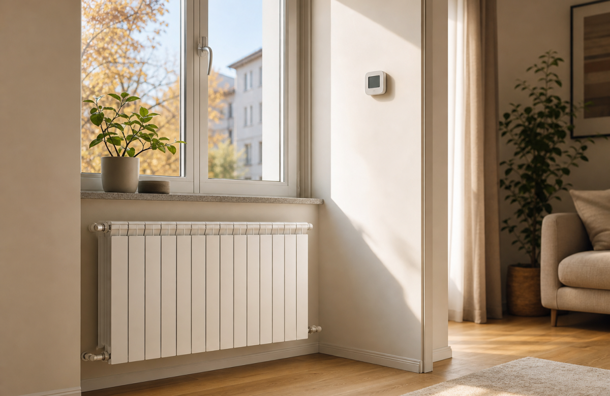 Termosifone domestico sotto una finestra in autunno
