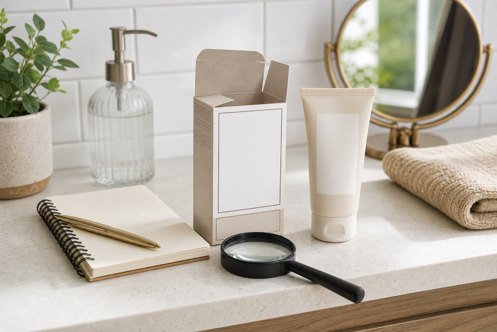 Confezione cosmetica anonima con lente e quaderno su un piano bagno