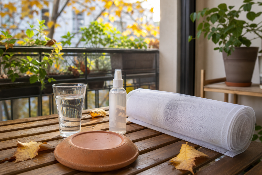 Zanzariera spray generico e sottovaso asciutto su un balcone autunnale