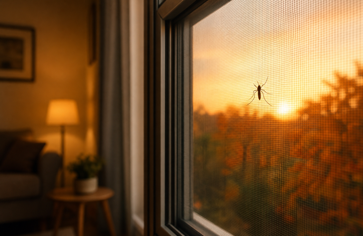 Zanzara su zanzariera al tramonto in una scena domestica generica